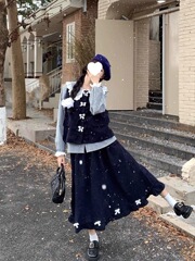 日系甜美娃娃领格子衬衫边马甲半身裙2025春秋新款时尚套装女