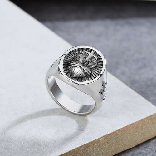 R0988-H European & American Style Jewelry Wholesale: Vintage Titanium Steel Ring with Cross and Heart Designs