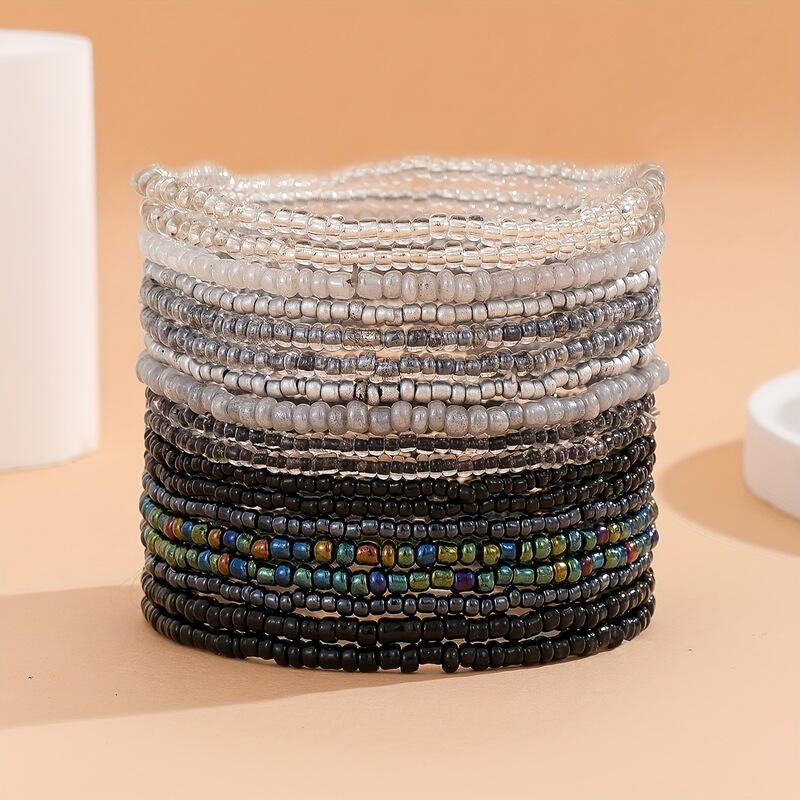 Temu Hot-Selling Bohemian Style Elastic Black and Gray Multi-Layered Seed Bead Bracelet for Girls Temu Hot-Selling Bohemian Style Elastic Black and Gray Multi-Layered Seed Bead Bracelet for Girls