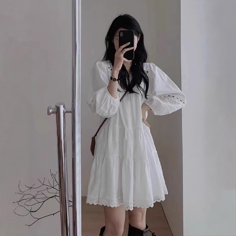 法式白色泡泡袖衬衫连衣裙女2025新款秋装小个子长袖云南旅游穿搭|undefined