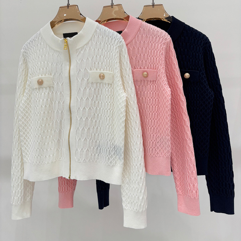 High-End Balmain Hollow-Out Zipper Knit Cardigan for Women with Large Metal Buttons, Slimming Short Solid Color Jacket