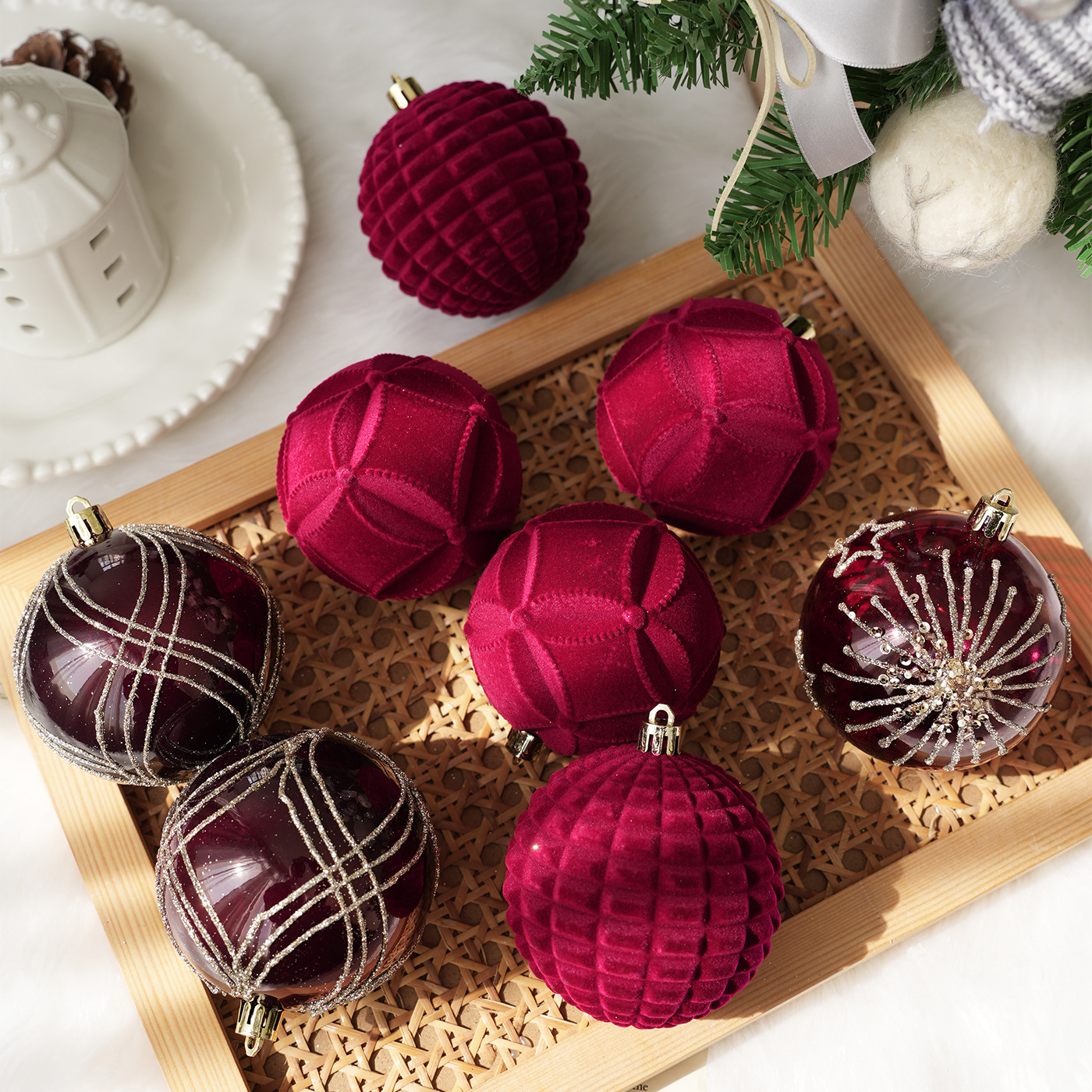 Nuevo producto 8CM Navidad bola pintada de color caja flocado bola de Navidad diy decoración del árbol de Navidad colgante colgante