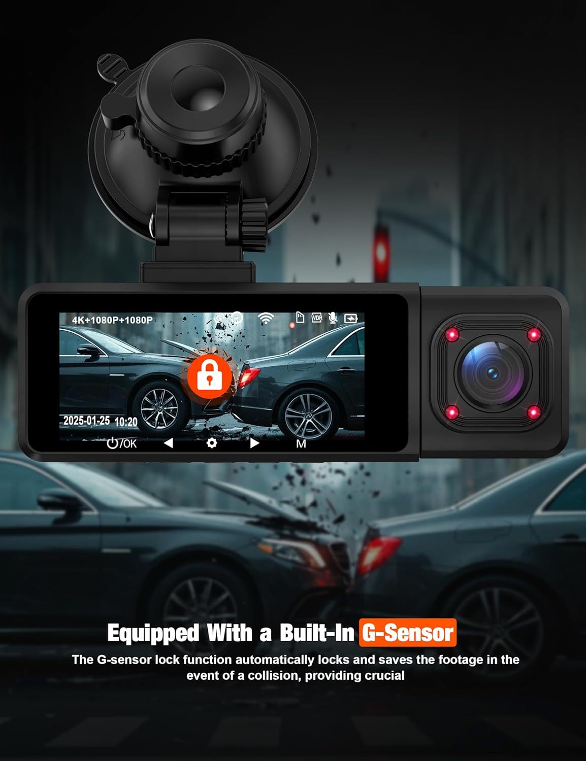 4K Ultra HD Triple-Camera Dash Cam with Wide-Angle Night Vision and Parking Monitoring, Complete Set of Accessories