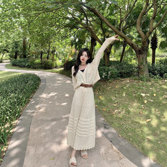 法式慵懒风镂空针织开衫名媛女春秋季高腰毛衣裙时尚两件套装