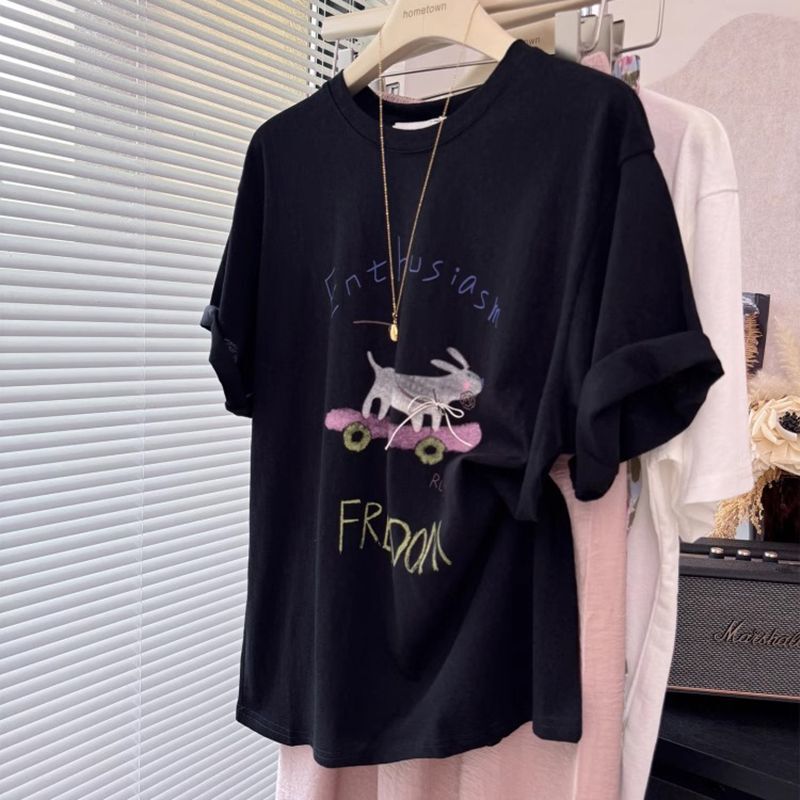 2026 Summer Loose-Fit Large Size Youthful Cute Puppy Print Black Snowflake Cotton Short-Sleeved T-Shirt for Women
