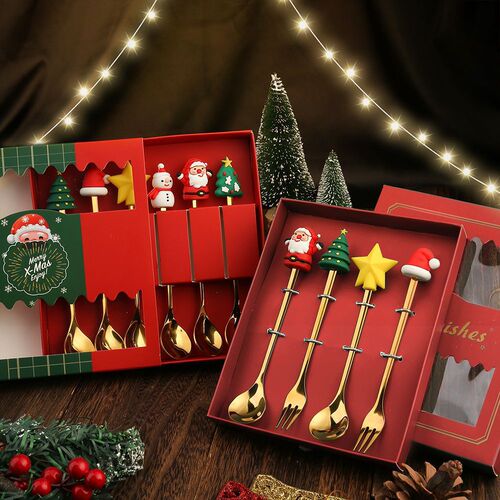 Stainless steel Christmas spoon set Christmas tableware coffee spoon fruit fork cartoon Christmas doll spoon fork