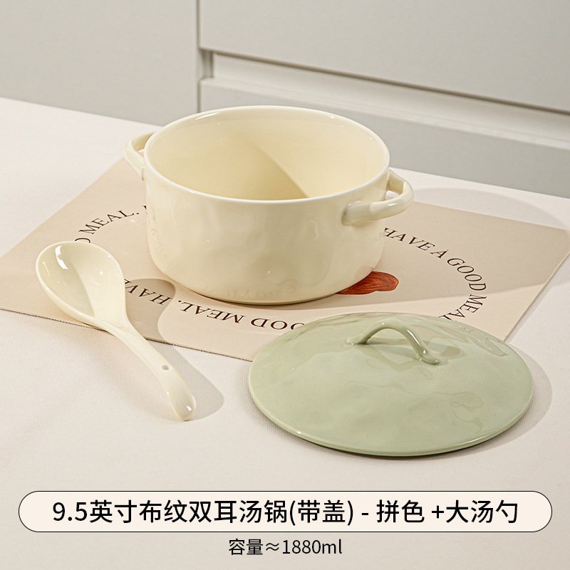 Olla grande de cerámica estilo japonés de lujo ligero, estilo crema, para sopa, fideos instantáneos, tazón grande para sopa, vajilla de cerámica