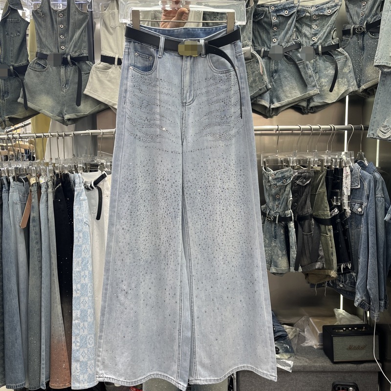 アメリカンレトロホットダイヤモンドワイドレッグジーンズ女性のための 2025 夏の新しいルーズストレートパンツスリムパンツ|undefined