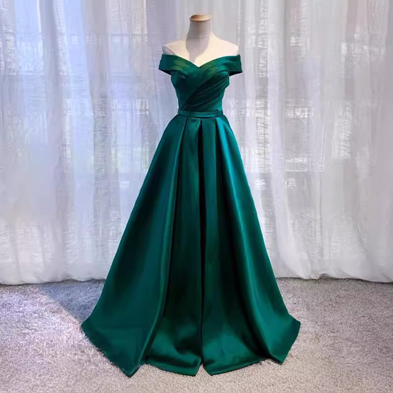 Green One-Shoulder Evening Dress European and American Prom Party Dress Fashionable Satin A-Line Slimming Look Celebration Dress