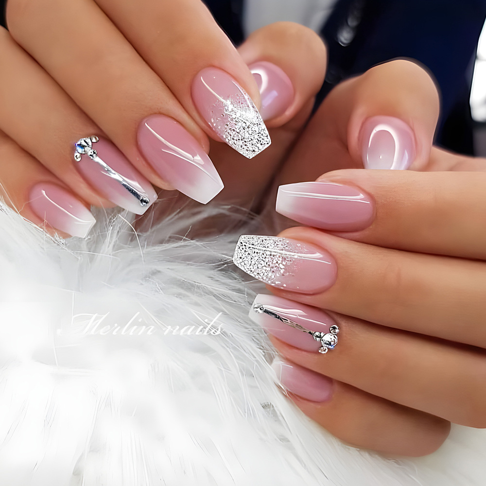 Color rosa blanco color gradiente de plata brillante de diamante de manicura transfronteriza venta caliente suave ligera de lujo desgaste de uñas 24 piezas de parche de uñas falsas image 1