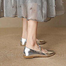 法式银色玛丽珍鞋女2024春季低跟软皮方头浅口气质蝴蝶结芭蕾单鞋