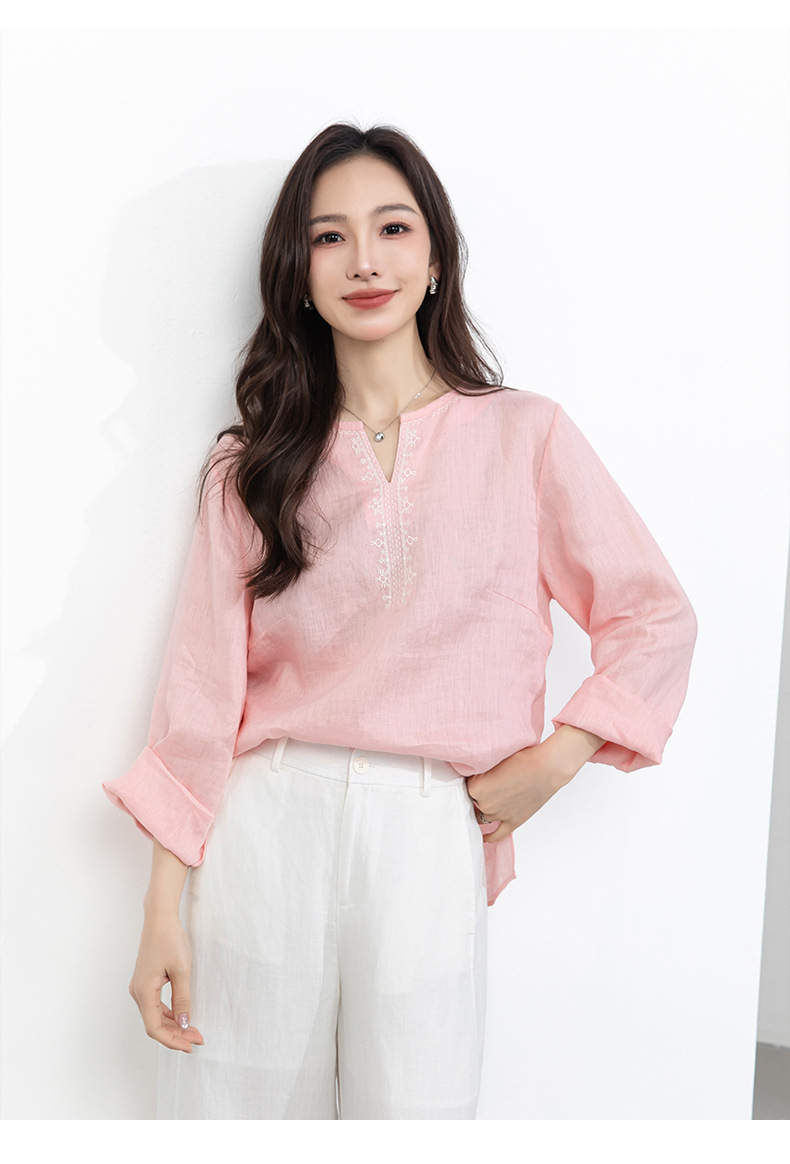 Áo sơ mi nữ linen cổ V thêu hoa tay lỡ rộng — Lời bài hát: Seventeen Sleeves chi tiết 20