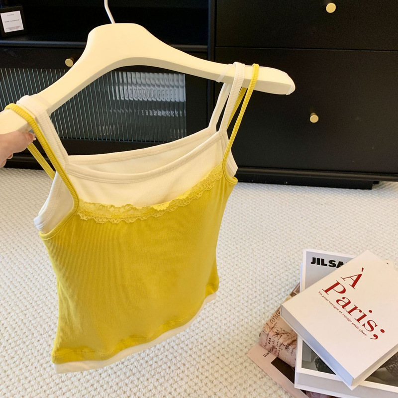 2026 New Design Faux Two-Piece Tank Top with Chest Pads, Feminine Lace Patchwork Sleeveless Top