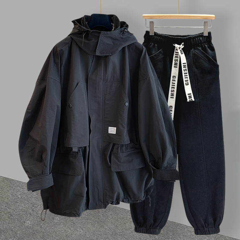 YBrand Hooded Jacket Jacket Suit Men's Spring And Autumn Korean Styley Workwear Spliced Handsome Windbreaker Complete Set