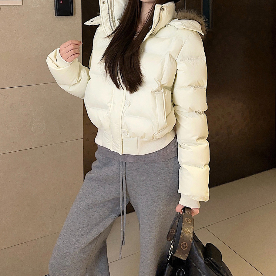 네이비 모피 칼라 후드 코튼 패딩 재킷 여성의 겨울 새로운 짧은 따뜻한 탑