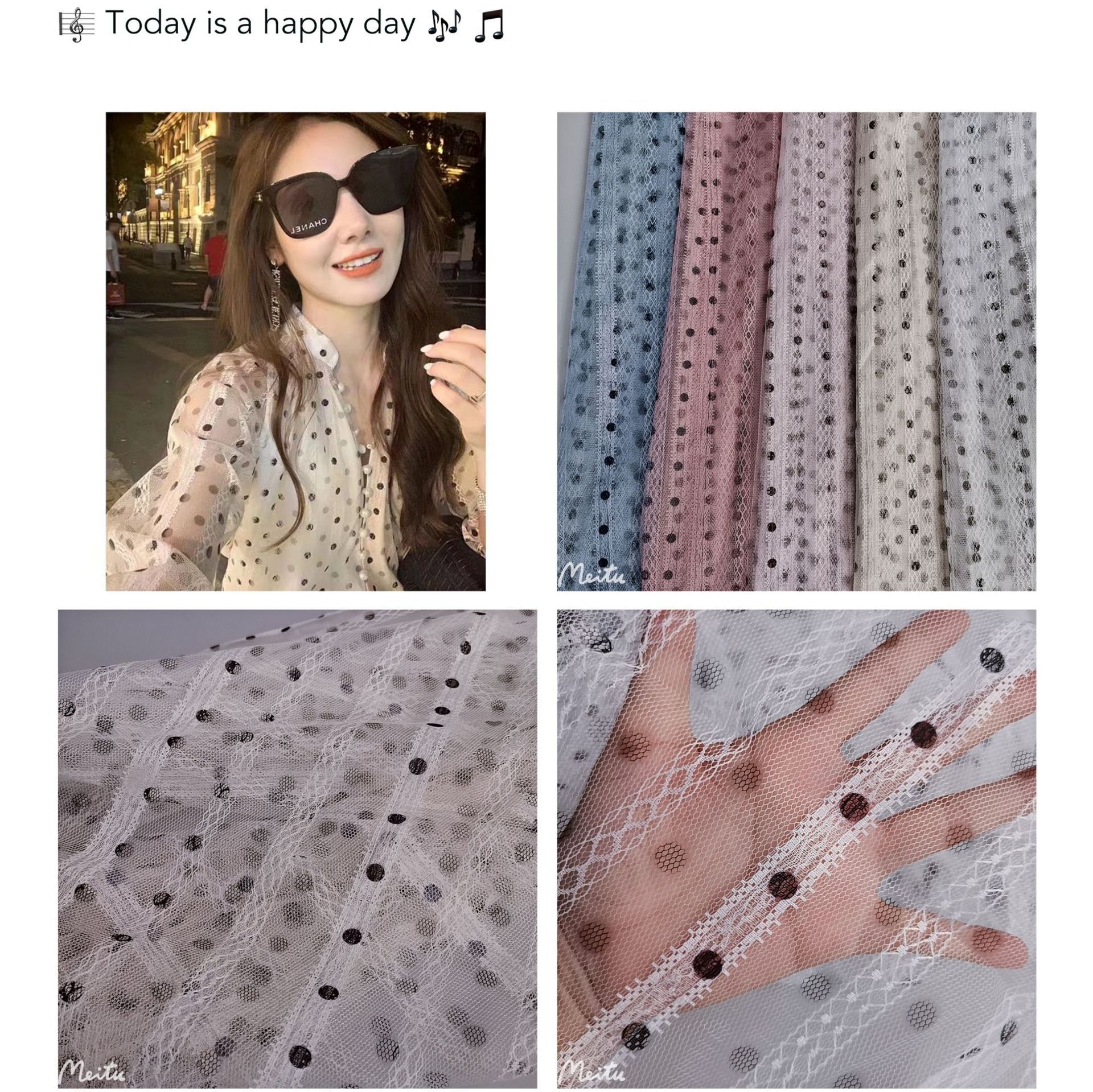 现货供应~热销款无弹涤纶竖条花纹提花网纱0.8公分黑圆点印花面料