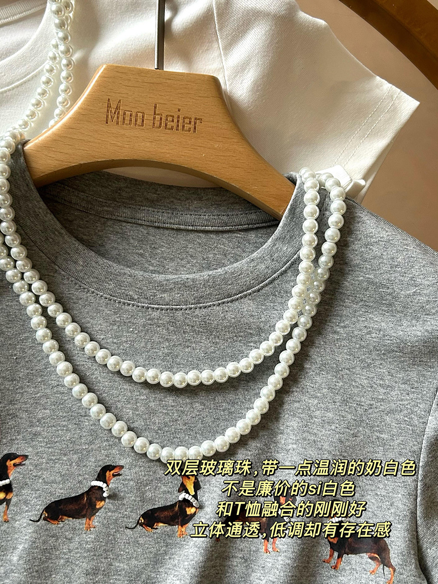 high quality in stock Jennie Same Style 25 Summer New Pearl Necklace Dachshund Short-sleeved T-shirt Women's Slim-fit Top T