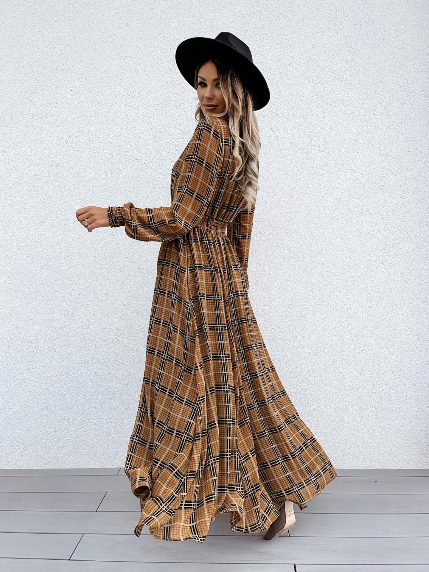 Damenkleid mit Karomuster, langen Ärmeln und Taillenschlitz_voghion.com