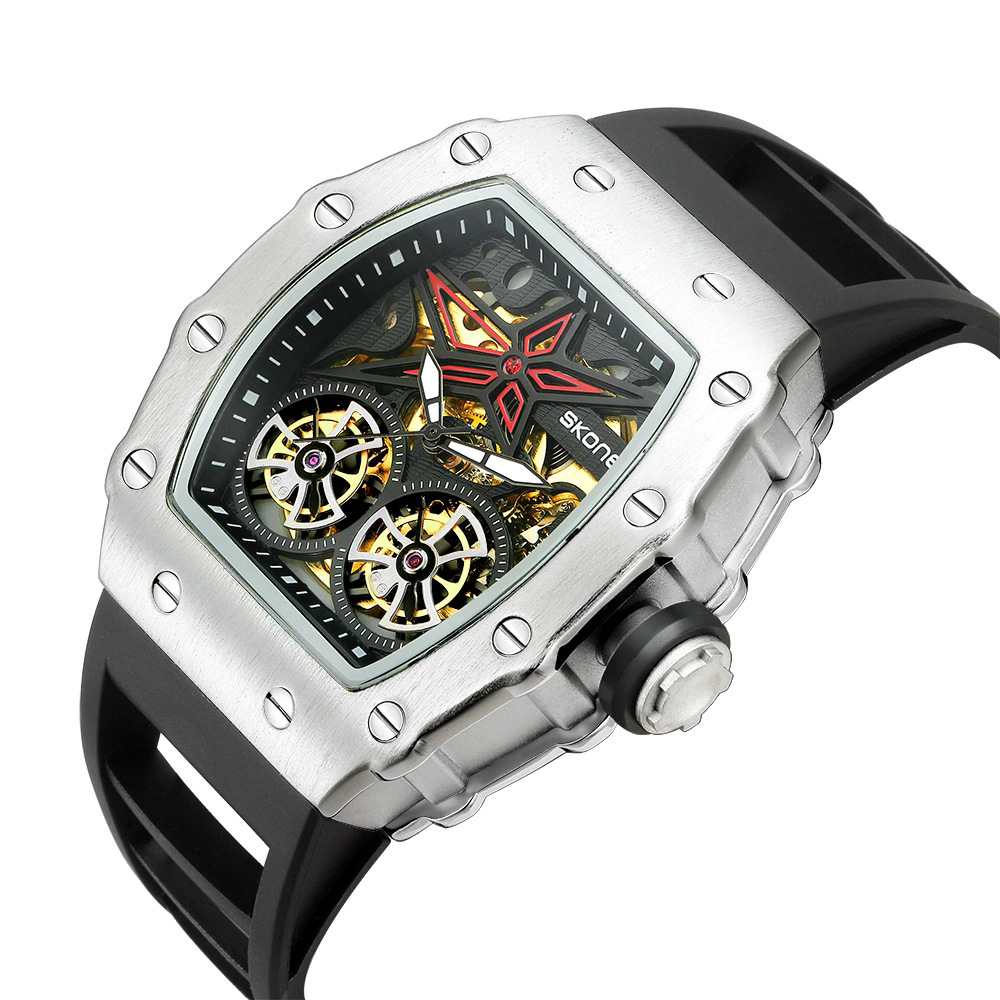 Skone Barrel-Shaped Double Tourbillon Mechanical Watch Men's Sports Silicone Band Fully Automatic Mechanical Watch Fangsheng Watch