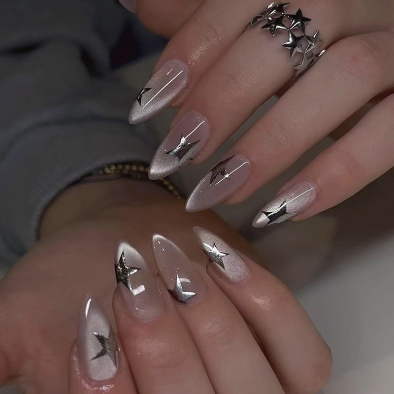 3D Stereo Silver Star Sparkling Cat Eye Short Almond Nails Fake Nails Manicure Nails Wearable Nails Wholesale