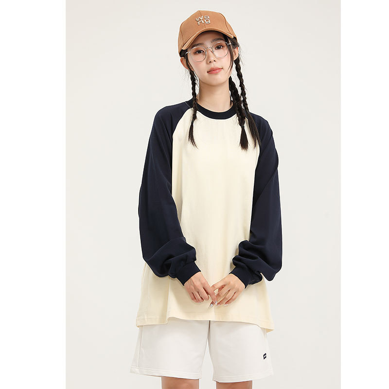 American-Style Color-Blocked Pure Cotton Trendy Brand Raglan Round Neck Long-Sleeved Men's and Women's Autum Loose Pure Cotton Round Neck Bottoming Shirt