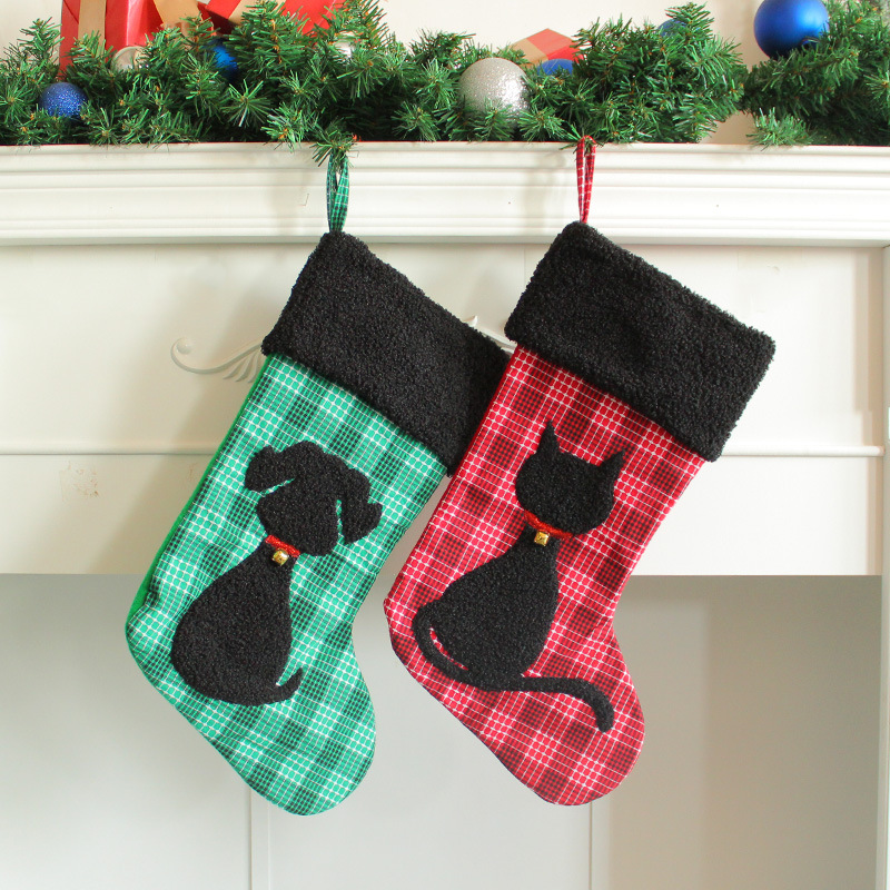 Christmas Candy Socks Creative Grid Christmas Socks Ornament Plush Cat and Dog Christmas Bag Gift Bag