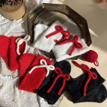 hotmoon冬季新品设计师款新年红袜圣诞羊毛蝴蝶结獭兔毛女儿童袜