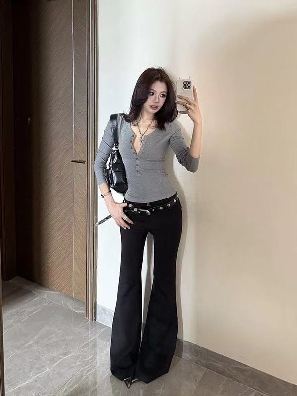 美式辣妹亨利领灰色长袖t恤女秋季内搭半开领修身显瘦打底衫上衣|undefined