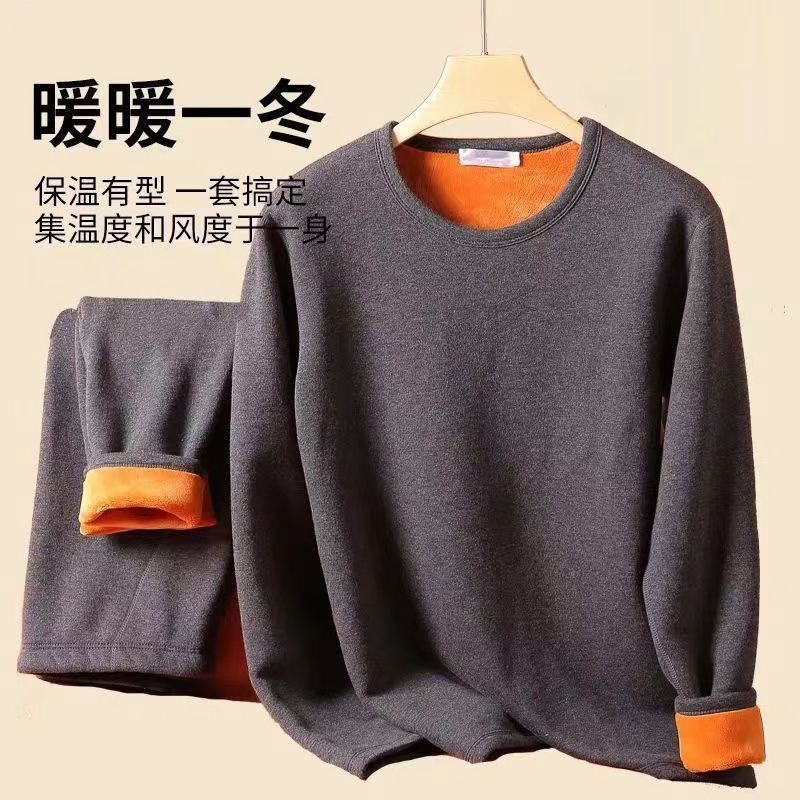 Hombres de oro de terciopelo calentamiento ropa interior hombre espeso terciopelo de edad media y vieja cuello redondo abrigo de invierno pantalones de invierno