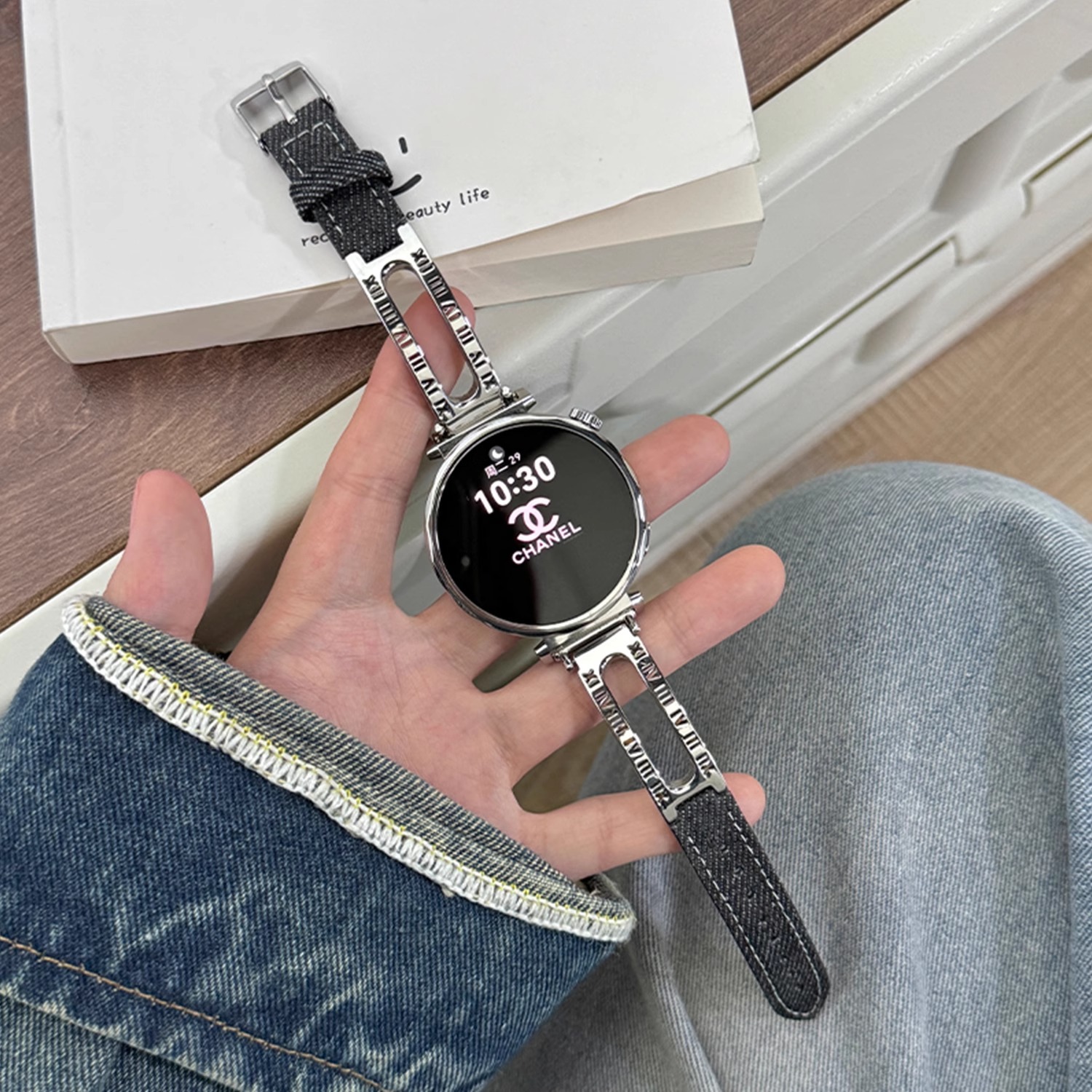 Suitable for Huawei Gt5 Watch Strap Gt4 New Curved Digital Bracelet with Denim Strap for Boys and Senior Women Summer