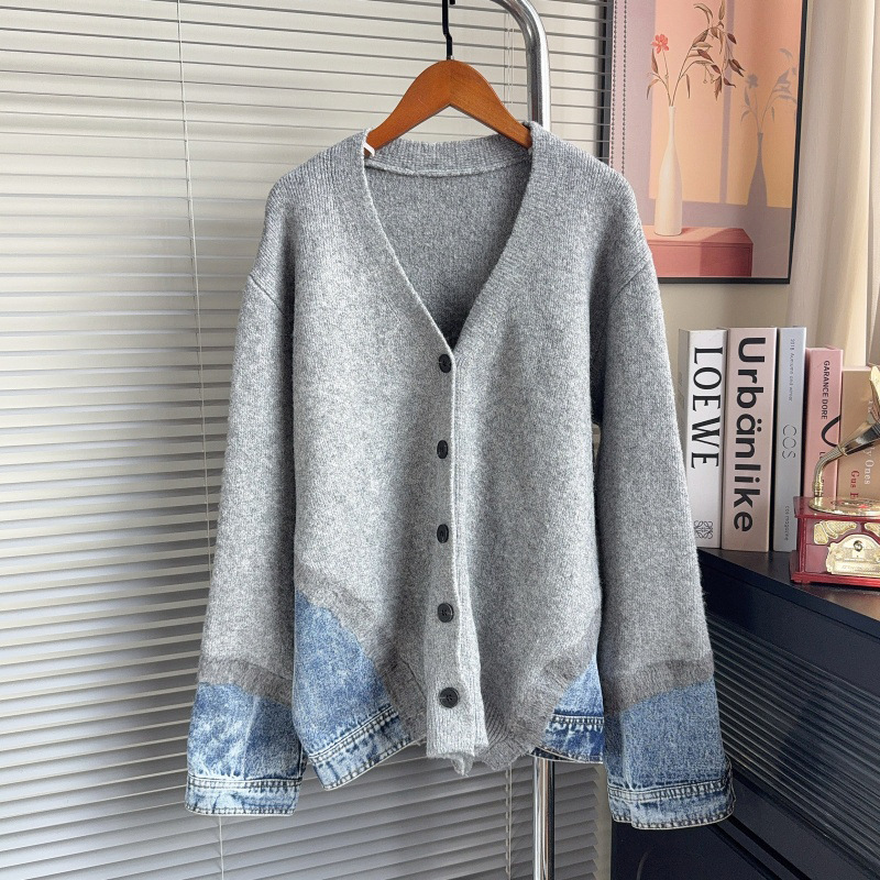 Cross-border Korean-style denim patchwork sweater cardigan for women, new autumn/winter collection, loose fit, V-neck, casual, plus-size knit outerwear