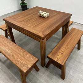老榆木茶桌复古家用八仙桌饭店快餐店餐桌中式实木方形餐桌长条凳