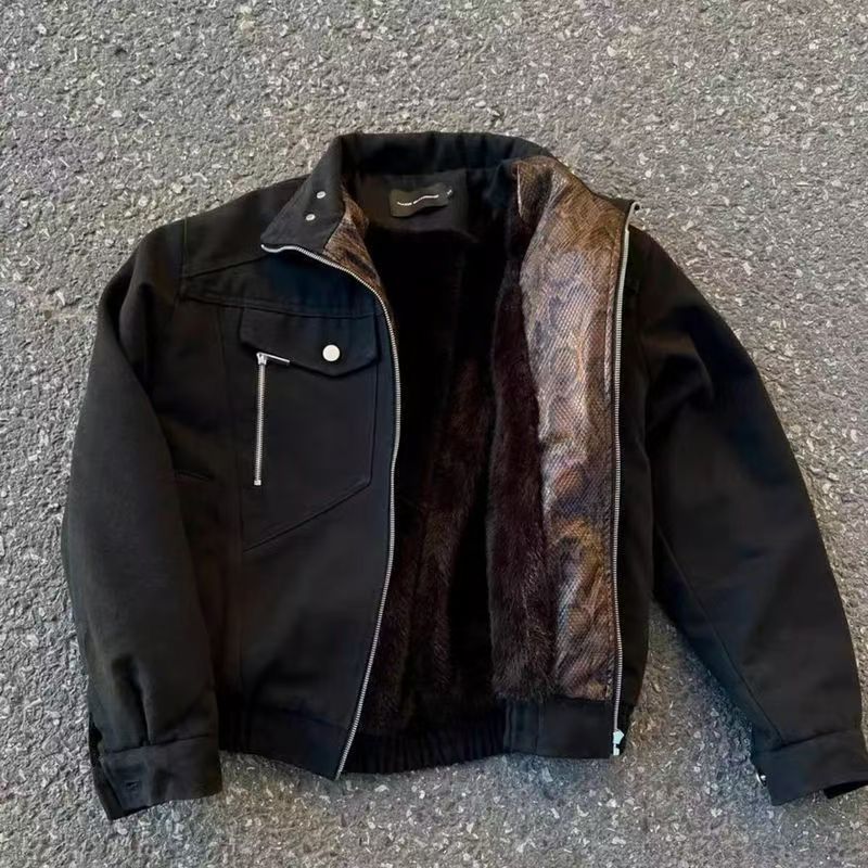 座山雕棉服冬季帆布设计工装加绒加厚夹克外套棉衣短款