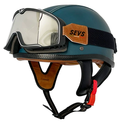portable helmet cross-border scoop helmet, Motosiklet kaskı (dəbilqə) - blue-flat-leather-helmet-large-frame-goggles-m