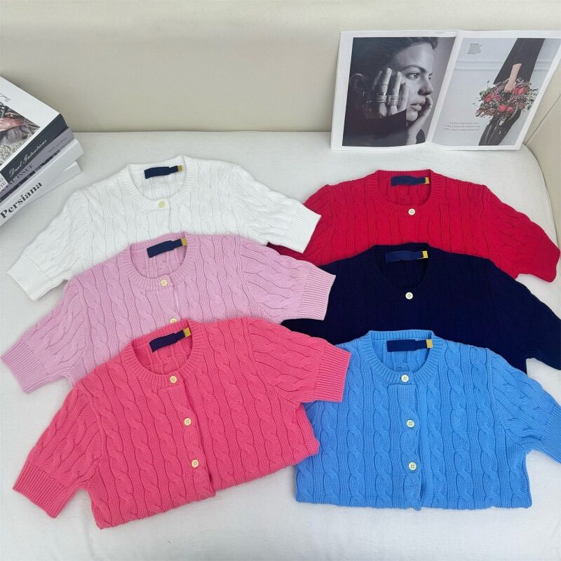 RL Ruff Pony Embroidered Cotton Round Neck Twists Knitted Short-sleeved Cardigan Women's Slim-fit