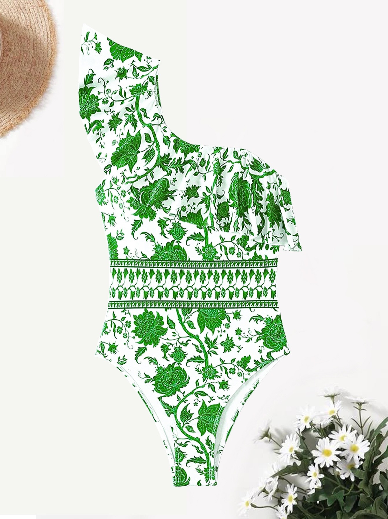 201g Weight Sleeveless Sleeve Length Polyester Fabric Type Regular Top Length Bodysuit Tops Type Swimming Occasion One Shoulder Neckline Skinny Fit Type Flower Pattern Women's Gender Bohemian Style Women's Bohemian Flower One Piece Swimwear 2