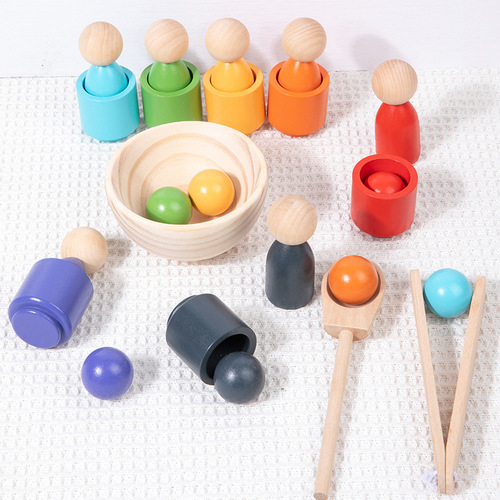 Cross-border children's Montessori teaching aids 7-color people and cup color classification matching ball and bead game wooden toys