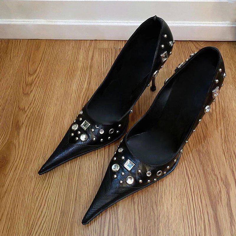 European and American Hot Girl Style Pointed-Toe High-Heeled Shoes for Women, Spring Punk Studded Rhinestone Closed-Toe Mules (Tax Not Included)