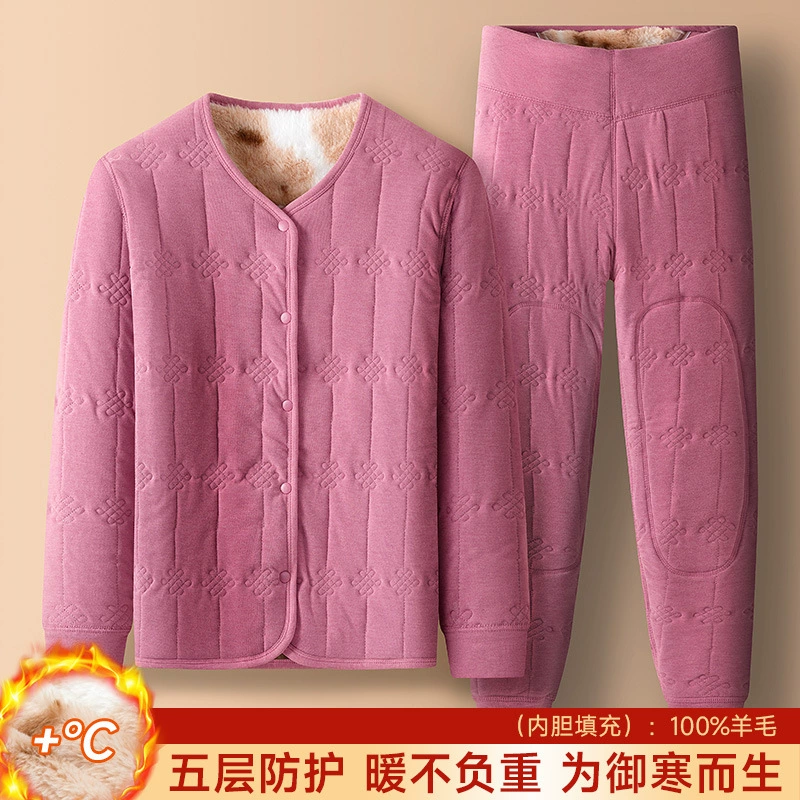 [Норчатый бархат для талии и коленей] Зимняя домашняя одежда женский шерстяной шелк плюс бархат утолщенный набор для пожилых людей теплая пижама