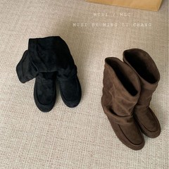 2025春秋女士麂皮圆头平底气质内增高3CM一脚蹬长筒靴烟管靴