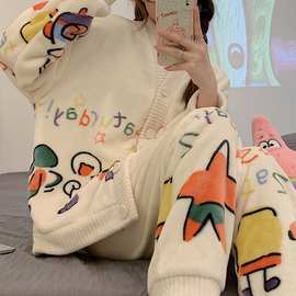 派大星珊瑚绒睡衣女款秋冬季加绒加厚冬天可爱网红风法兰绒家居服