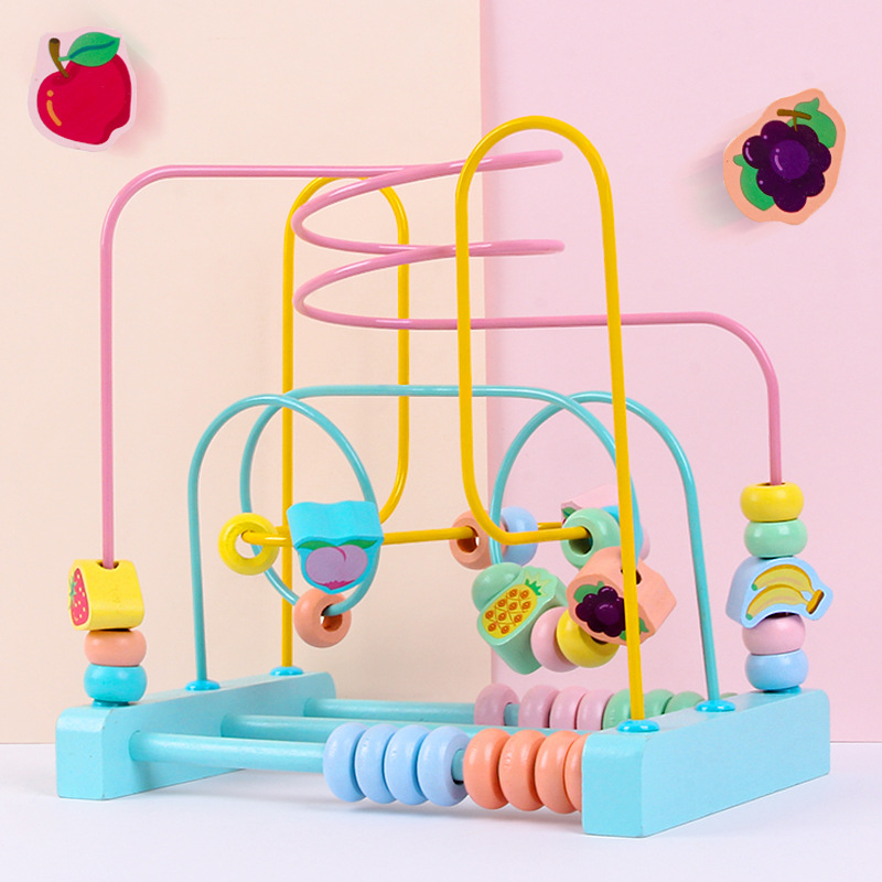 Fruta de madera educativa para niños cuentas redondas grandes macaron color de tres líneas con cuentas de color para bebés Juguetes Divertidos cognitivos