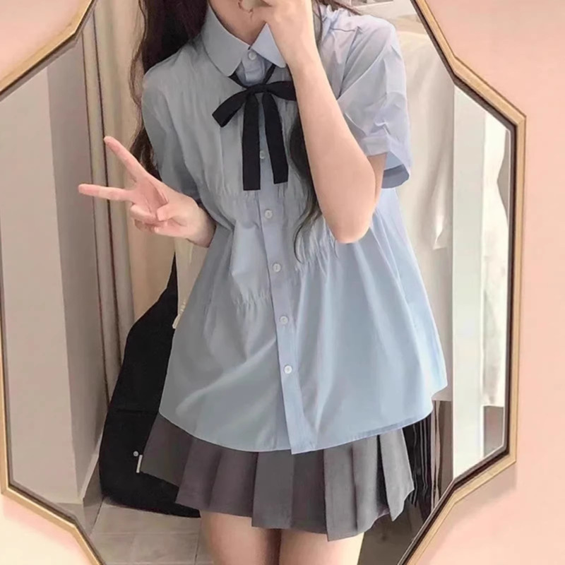 Blue Shirt for Women, College-Style Top, Summer Short-Sleeved Shirt, Korean-Style Sweet and Cute Babydoll Shirt, Jk Uniform Set Blue Shirt for Women, College-Style Top, Summer Short-Sleeved Shirt, Korean-Style Sweet and Cute Babydoll Shirt, Jk Uniform Set