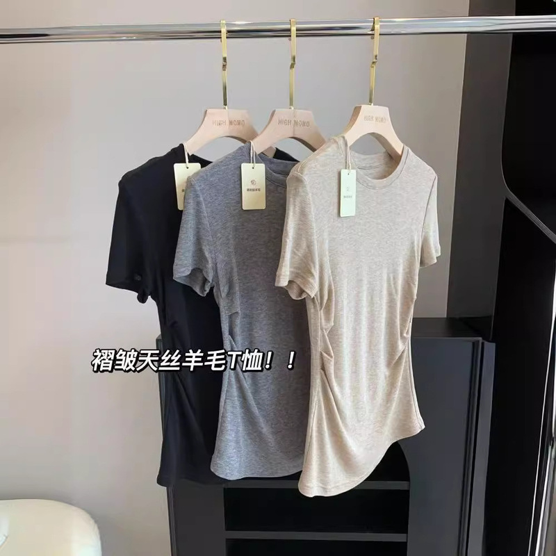 Slimming Thin Tencel Irregular Top Lyocell Pleated Waist Slim-fit Shoulder Mask Short-sleeved T-shirt Women's Summer
