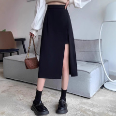 女性用デザインスリットスカート、ハイウエスト、スリム、ミドル丈ワンステップスカート、小柄な方向けのファッショナブルな韓国風Aラインスカート