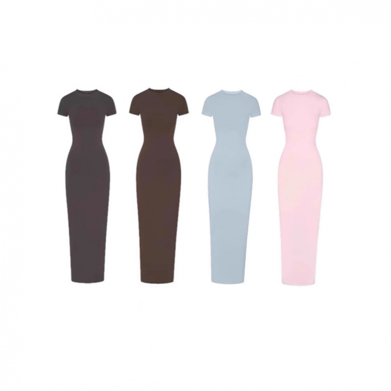 Skims Kardashian New Vintage Long Dress Slit Threaded Hip-Hugging Dress Short-Sleeved Long Skirt