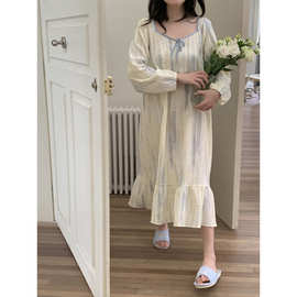 实拍2025春季INS韩系彩色条纹撞色边方领棉纱棉家居服睡裙连衣裙
