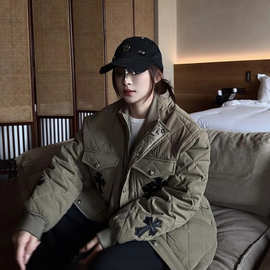 秋冬季菱形十字设计感时尚潮流舒适保暖情侣棉服男女同款立领外套