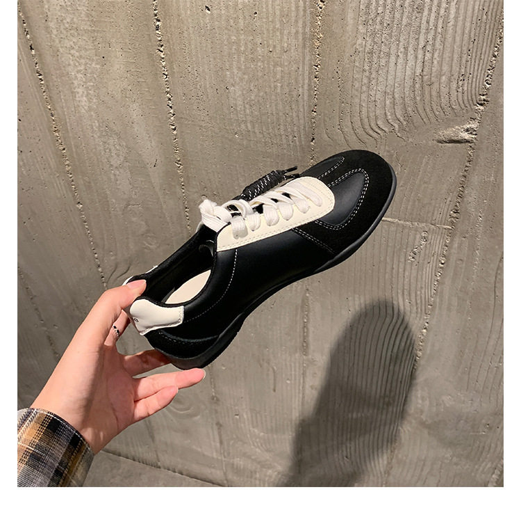 Giày sneaker nữ da bò phối màu mũi tròn dây buộc tăng chiều cao — Màu trắng nhạt, màu sô cô la, màu vàng, màu đen chi tiết 44