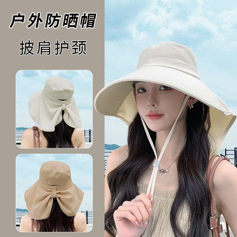 2025 new summer can be tied ponytail large brim sun hat women's anti-ultraviolet neck fisherman hat sunscreen hat